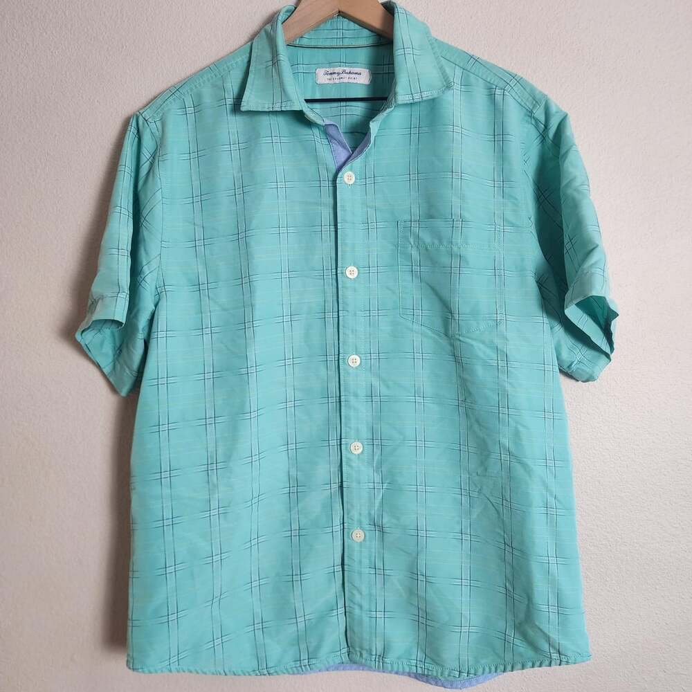 Tommy Bahama Shirt Mens Large Aqua Coconut Point IslandZone Plaid Short Sleeve